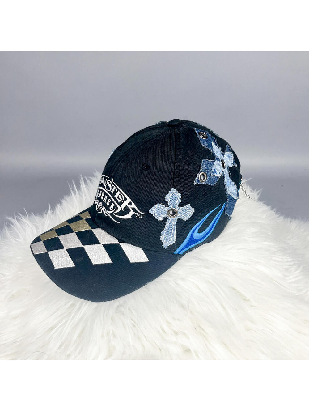 Upcycled Monster Garage Hat, Swapped Brim, Cross Embroidered Patchwork, Chains